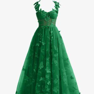 A-line formal gown with butterfly details dark green
